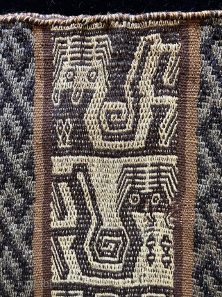 Very large and special Pre-Columbian bag with fantastic creatures filling the center band. Size: 20 x 12.5 inches. Peru A.D. 1000 -  A.D. 1400.  It was woven in a warp-face  ...