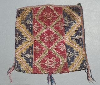 Very unsuual silk embroidered Colonial period coca bag from Bolivia.  18th century or earlier.  The use of silk embroidery signifies that this was a special bag.  The indigenous Aymara  ...