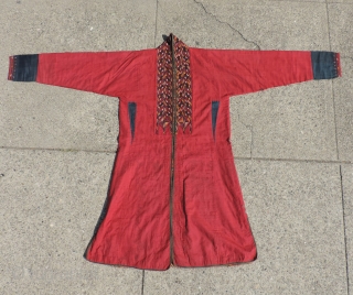 19th century Turkmen coat.  Natural dyed silk embroidery on silk ground with various block print and other fabric lining cloths.  Coat has full sleeves with cuffs not vestigial sleeves. 67  ...