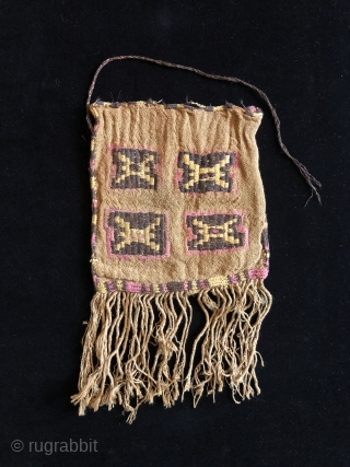 Pre- Columbian bag,South Coast Peru, Nasca  Culture B.C. 100 - A.D. 600.  Camelid fiber bag or pouch with fringe.  Very good condition.  6 x 10.25 inches with fringe.  ...
