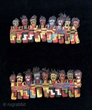 Nearly 2000 years ago these figures decorated an important ritual cloth. Early Nasca knitted figures like these were part of a long border strip that was sewn to a rectangular, plain weave  ...