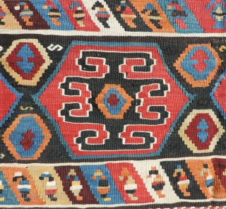 Azerbaijan Kilim. This is a 19th century weaving that has an unusual collection of designs and a good variety of clear, pleasing, natural dyed colors. It is in very good condition and  ...