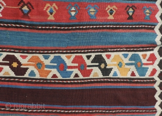 Azerbaijan Kilim. This is a 19th century weaving that has an unusual collection of designs and a good variety of clear, pleasing, natural dyed colors. It is in very good condition and  ...