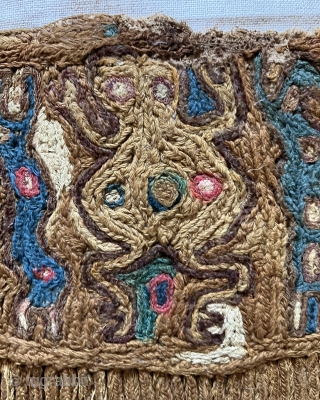 Rare and primitive Pre-Columbian textile pendants. Researching the literature has yielded less than seven of this kind of textile and each example is unique as regards iconographic content.  They are indeed  ...