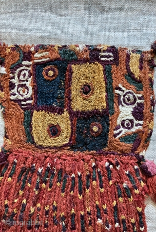 Rare and primitive Pre-Columbian textile pendants. Researching the literature has yielded less than seven of this kind of textile and each example is unique as regards iconographic content.  They are indeed  ...