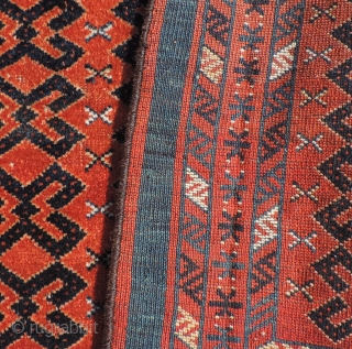 This very unusual 19th century Middle Amu Daria region torba or trapping has a design like that seen in flat woven pieces often attributed to the Ersari. This example may well be  ...