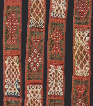 Pre-Columbian sash. Complete. Warp-faced, double cloth band woven in alpaca fiber.  Size: 1.5 inches x 13 feet.  A.D. 1000 - 1400.  Design of alternating zoomorphic/anthromorphic figures.  Finely woven  ...