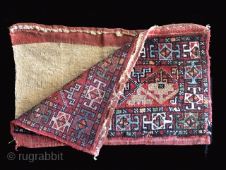 Odd Ball Torba.  Probably Turkish Turkmen.  19th century. All dyes natural.  Back intact.  Size 26 x 16 inches - opened out including back 26 x 32 inches.  