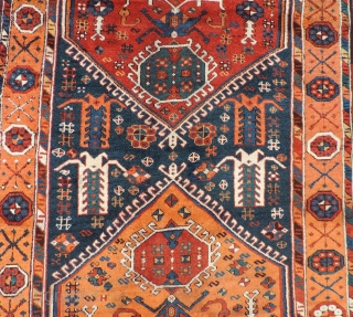 East Anatolian rug with medallions. 1st half of the 19th century or before. Three serrated medallions on a blue field. Missing minor border at top and bottom. Original selvedges. Beautiful even weave.  ...