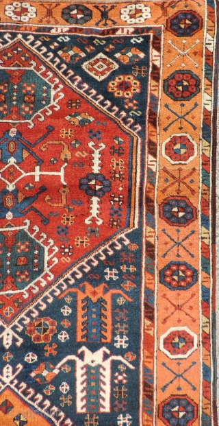 East Anatolian rug with medallions. 1st half of the 19th century or before. Three serrated medallions on a blue field. Missing minor border at top and bottom. Original selvedges. Beautiful even weave.  ...