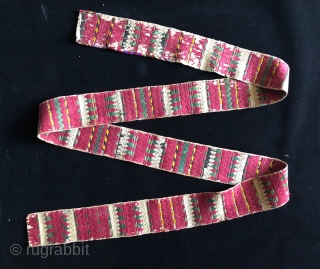 Two beautiful Central Asian supplementary warp faced woven bands.  Ersari? Uzbek? Khirgiz? 19th century. Brilliantly dyed silk supplemental patterning yarns cover areas on both sides of these narrow bands.  Size:  ...