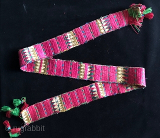 Two beautiful Central Asian supplementary warp faced woven bands.  Ersari? Uzbek? Khirgiz? 19th century. Brilliantly dyed silk supplemental patterning yarns cover areas on both sides of these narrow bands.  Size:  ...