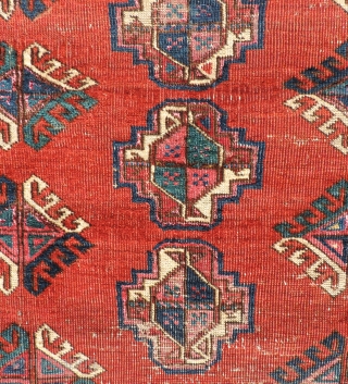  This small Middle Amu Daria Turkmen carpet is of unknown tribal origin, but has the look of a Salor Turkmen weaving. The spacing of the guls is generous and lends a  ...