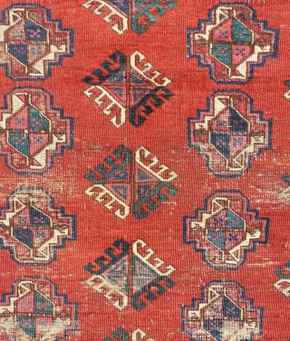  This small Middle Amu Daria Turkmen carpet is of unknown tribal origin, but has the look of a Salor Turkmen weaving. The spacing of the guls is generous and lends a  ...