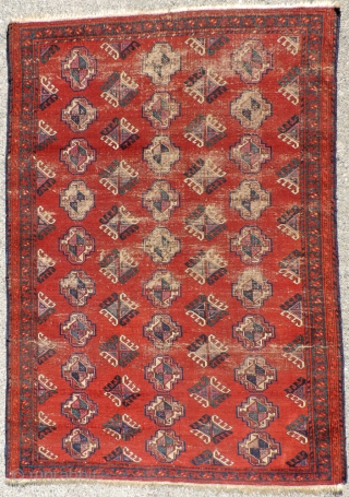  This small Middle Amu Daria Turkmen carpet is of unknown tribal origin, but has the look of a Salor Turkmen weaving. The spacing of the guls is generous and lends a  ...