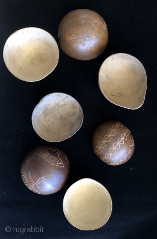 Seven incised gourd bowls. I bought these years ago at a show in New York (I think?) as shaman's cups for the ritual drinking of intoxicants.  I cannot recall anything else  ...