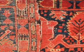 Middle Amu Daria turba with palmette design.  19th Century.  Vibrant reds, but good dyes. White cotton used in pile and wefting.  Warps dark brown goat hair.  Knots open  ...