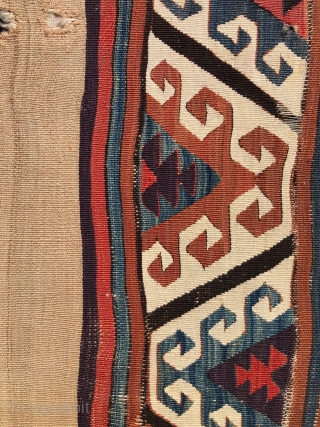 Old Anatolian kilim fragment with some camel hair.  Mounted size: 31 x 36 inches on frame - 27 x 32 actual size of fragment.        