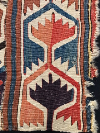 Old Anatolian kilim fragment with some camel hair.  Mounted size: 31 x 36 inches on frame - 27 x 32 actual size of fragment.        