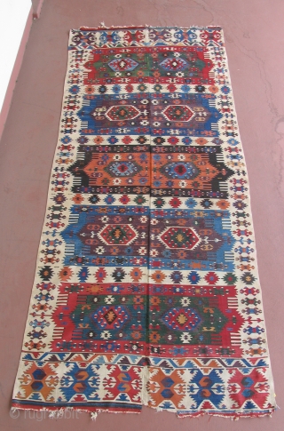 Aydinli Anatolian Kilim, 1st half 19th century, beautiful color and condition - complete. Size: 4'10" x 11' 7".               
