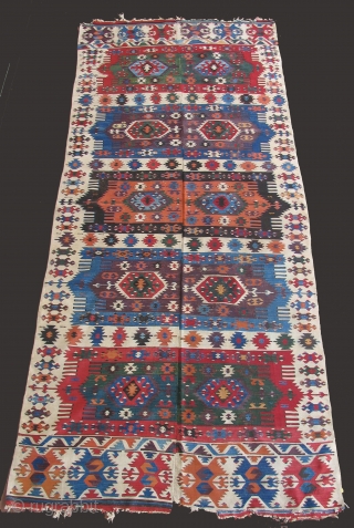 Aydinli Anatolian Kilim, 1st half 19th century, beautiful color and condition - complete. Size: 4'10" x 11' 7".               