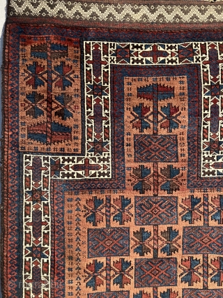 19th century Baluch prayer rug with a very unusual dyed camel field.  The "apricot" colored camel field is quite attractive. It must be the result of a light madder dye bath  ...