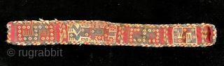 Complete Wari Headband. A.D. 600- 900.  Rare design with double-headed snake figures and complex anthropomorphic/zoomorphic main figure.  Lots of colors.  Side and end finishes intact.  18 x 2.25  ...