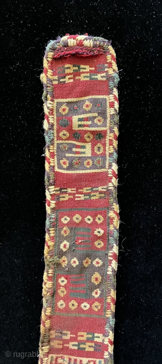 Complete Wari Headband. A.D. 600- 900.  Rare design with double-headed snake figures and complex anthropomorphic/zoomorphic main figure.  Lots of colors.  Side and end finishes intact.  18 x 2.25  ...