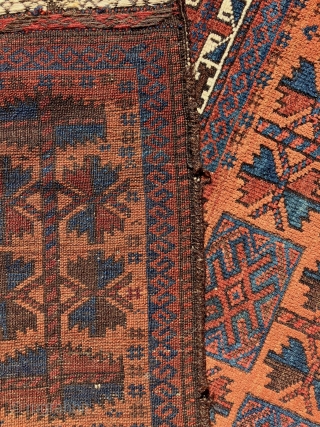 19th century Baluch prayer rug with a very unusual dyed camel field.  The "apricot" colored camel field is quite attractive. It must be the result of a light madder dye bath  ...