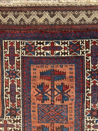 19th century Baluch prayer rug with a very unusual dyed camel field.  The "apricot" colored camel field is quite attractive. It must be the result of a light madder dye bath  ...