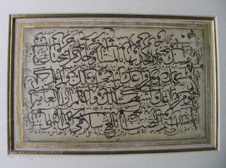 A CALLIGRAPHIC EXERCISE (KARALAMA)
Ottoman Turkey, Late 18th century
ex. Friedrich Spuhler
Ink on paper laid down on card, with dense black thuluth script, mounted, framed under plexiglass
6 x 9 inches - 12.75 x 15.5  ...