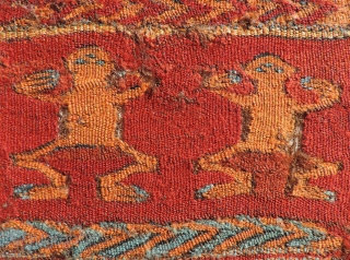 Frogmen!  Great little pre-Columbian textile with frog-like creatures. Beautiful warm colors and strong graphics. Probably dates to about A.D. 400 - 600. This piece was originally collected as a repurposed small  ...
