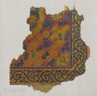 Yuan Dynasty or Early Ming Textile Fragment.  c. 1300 - 1450 AD. 13 x 14 inches.  Great color and imagery, nicely mounted to larger frame.  Very nice.   