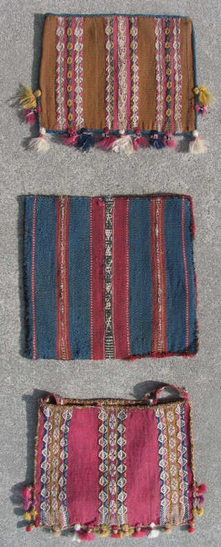 Nine, 19th Century Aymara Coca Bags. These were personal pouches, (chuspa) made for men to hold the sacred coca leaves used in all ritual practices and most social interactions.  Beautiful examples.  ...