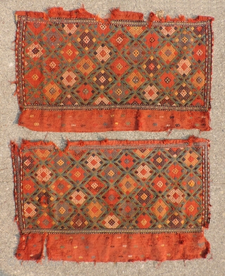 Early Bedding Bag Faces (pair).   One sold, one still available. Beautiful color and soulful presence. These convey an ancient aesthetic. 1850 or before. Suitable for mounting. The bottom one in  ...