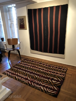 Large Antique Central Asian warp-faced woven strip rug or cover.  Probably Uzbek.  It was woven in one long strip 11 inches wide and nearly seventy feet long that was cut  ...