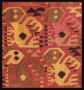 Pre-Columbian tapestry textile.  Pachacamac - Rimac Culture, Peru, A.D. 1000 - 1400.  Three panels joined together with coastal bird images.  Conserved to a backing and professionally mounted. Size 25.5  ...