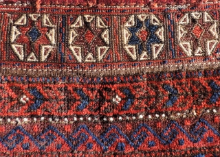  Baluch stars and lattice designed bag face.  Interesting flat woven top section. Some silk highlights.  Good wool and color.           