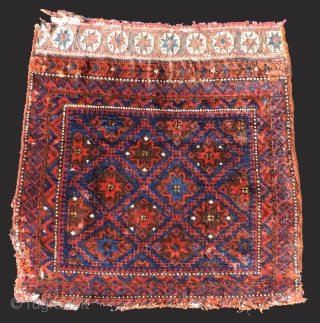  Baluch stars and lattice designed bag face.  Interesting flat woven top section. Some silk highlights.  Good wool and color.           