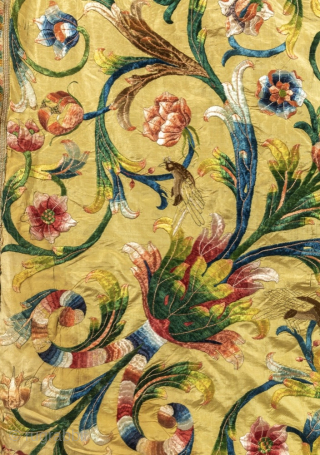 18th century Italian embroidery, silk on silk. 240 x 285cm
See it at LARTA Fair, 21-26 January, upstairs at Battersea Evolution
email jamescohen50@hotmail.com for free ticket (after opening day)      