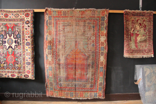 Thrashed but early Mudjur or Kersihir prayer rug with beautiful colour, especially around the borders where there is still some pile. Still hangs well and creates interesting backdrop. Circa 1820 size 3'10" ...