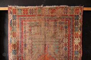 Thrashed but early Mudjur or Kersihir prayer rug with beautiful colour, especially around the borders where there is still some pile. Still hangs well and creates interesting backdrop. Circa 1820 size 3'10" ...