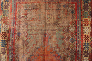 Thrashed but early Mudjur or Kersihir prayer rug with beautiful colour, especially around the borders where there is still some pile. Still hangs well and creates interesting backdrop. Circa 1820 size 3'10" ...