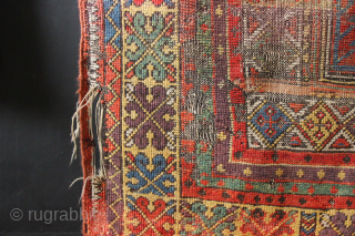 Thrashed but early Mudjur or Kersihir prayer rug with beautiful colour, especially around the borders where there is still some pile. Still hangs well and creates interesting backdrop. Circa 1820 size 3'10" ...