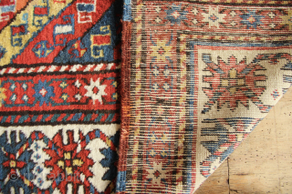 Very fine Kazak in full pile one with large repair that has slightly faded. Beautiful wool and dyes. 3'7" x 7'            