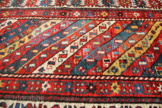 Very fine Kazak in full pile one with large repair that has slightly faded. Beautiful wool and dyes. 3'7" x 7'            