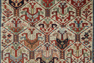 Mid 19th century fine Shirvan prayer rug, with beautiful colours, surface and structure. Cut and shut through the middle and missing about 5 cm/2 inches. 95 x 151cm / 3'1" x 5'1"
However,  ...
