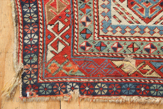 Mid 19th century fine Shirvan prayer rug, with beautiful colours, surface and structure. Cut and shut through the middle and missing about 5 cm/2 inches. 95 x 151cm / 3'1" x 5'1"
However,  ...