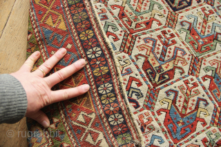 Mid 19th century fine Shirvan prayer rug, with beautiful colours, surface and structure. Cut and shut through the middle and missing about 5 cm/2 inches. 95 x 151cm / 3'1" x 5'1"
However,  ...