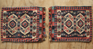 Early pair of Caucasian flatweave saddlebags with beautiful natural dyes. Each approximately 1'5" x 1'10" / 44 x 56cm              
